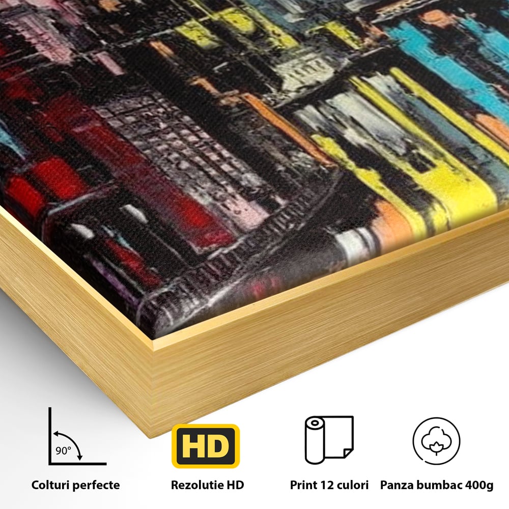 Detaliu al suprafetei: tablou abstract cu cladiri si reflexii, in rama de aluminiu auriu